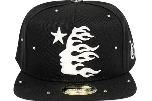 Hellstar Flame Face Snapback Hat – Black w/ Rhinestone Accents