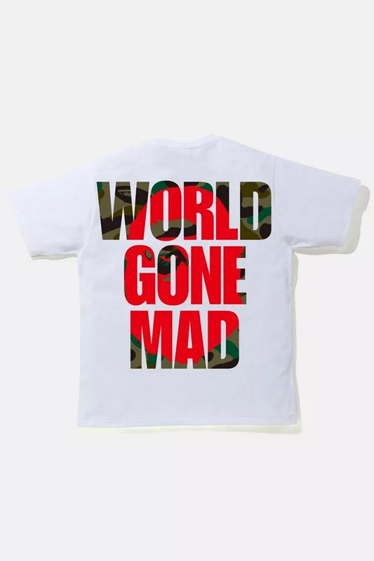 White BAPE “WORLD GONE MAD” T-Shirt – Camo/Red Print