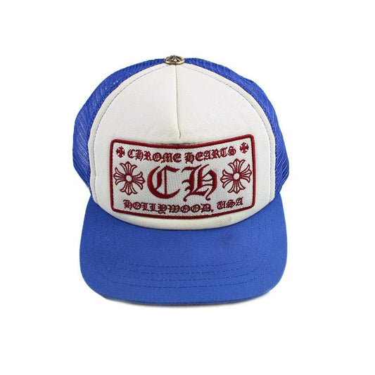Chrome Hearts Trucker Hat – Blue & White with Red Embroidery